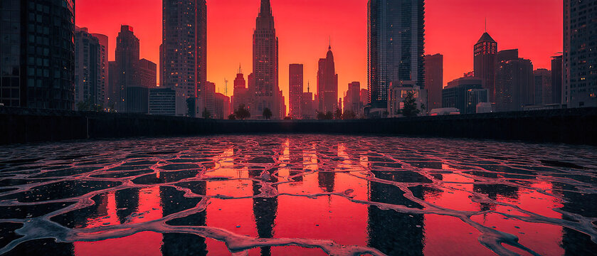 A futuristic city where skyscrapers melt like candles under a crimson sky, reflecting in puddles shaped like clocks. Hyper-realistic lighting, cinematic atmosphere.