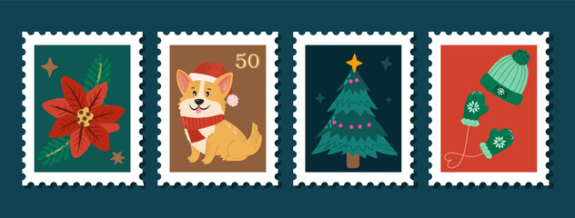 Christmas postage stamp set with poinsettia, corgi, Christmas tree, hat and mittens. For greeting cards, postal themes, scrapbooking, stickers, labels and web banners.