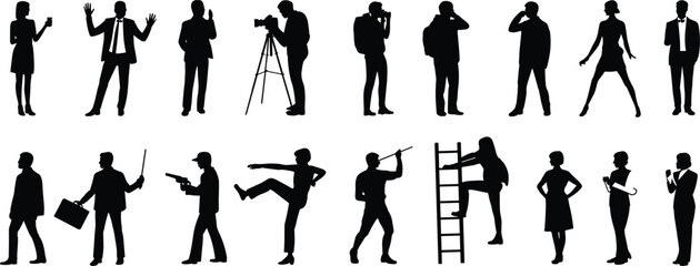 Silhouettes of people, camera operator, martial artist, traveler, teacher, soldier, umbrella holder, ladder climber, urban poses, diverse actions