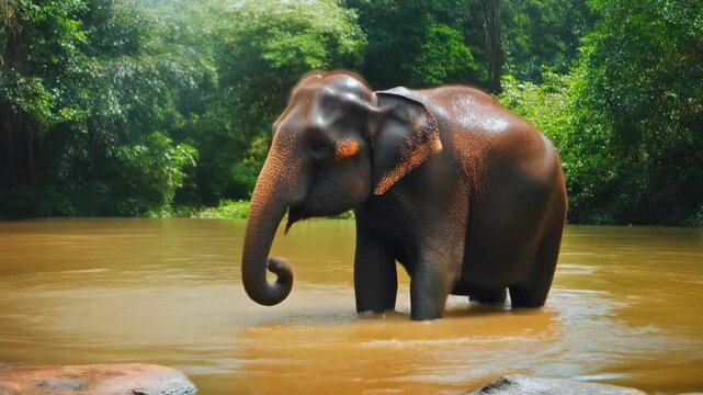 Majestic Asian Elephant Bathing and Splashing Water in Tropical Rainforest River