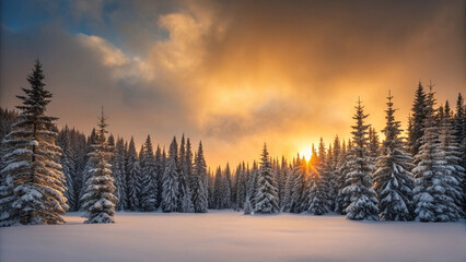 Snow- Covered Pine Forest at Sunset with Golden Sunburst Through Trees nature winter Background