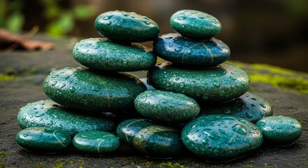 Stacked Wet Stones in Nature - A pile of smooth, round stones stacked on top of each other, glistening with water droplets in a natural setting