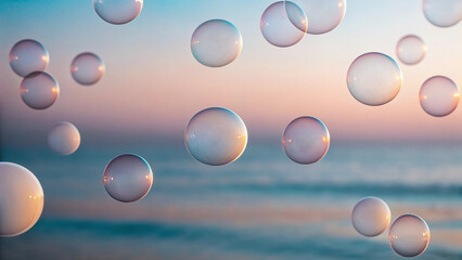 Soap Bubbles Floating Against a Soft Sunset Sky and Ocean Horizon image photo Background