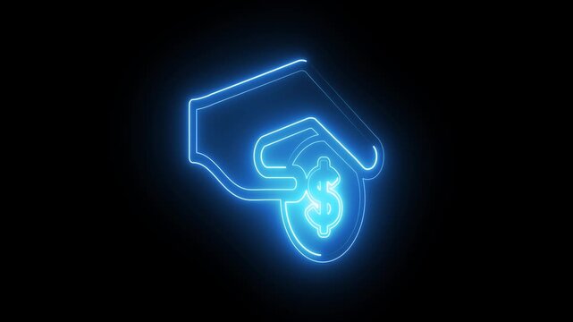 Blue Neon Hand Giving Coin Icon: Looping Animation of Digital Financial Transaction, Investment, Donation, or Payment