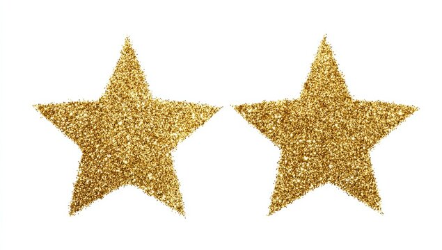 Two golden glittery stars stand side-by-side against a stark white background