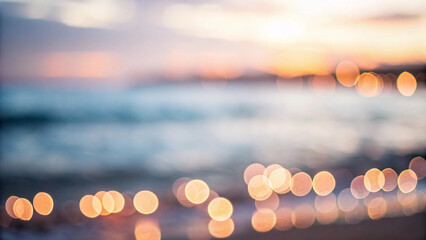 Soft Focus Bokeh Lights on a Beach at Sunset with Gentle Waves out of focus blurred Background