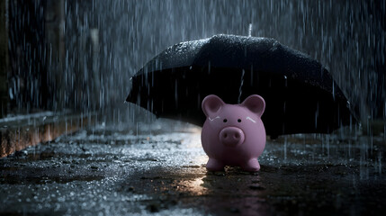 Symbolic financial protection scene with pink piggy bank sheltered by umbrella in rain