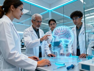 Diverse Team of Scientists Analyzing Holographic Brain Scan in Laboratory
