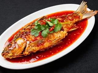 Crispy Fried Fish with Sweet and Sour Chili Sauce on a White Plate