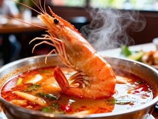 Steaming Hot Bowl of Tom Yum Goong (Thai Spicy Shrimp Soup)