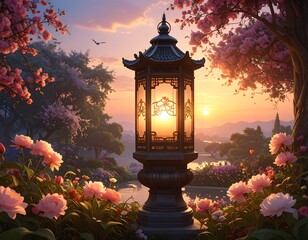 A tranquil garden with a lantern welcomes the sunset.