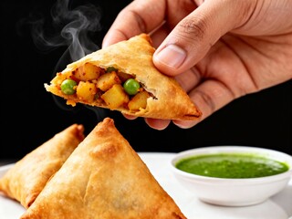 Hand Holding a Hot, Steaming Samosa with Potato and Pea Filling