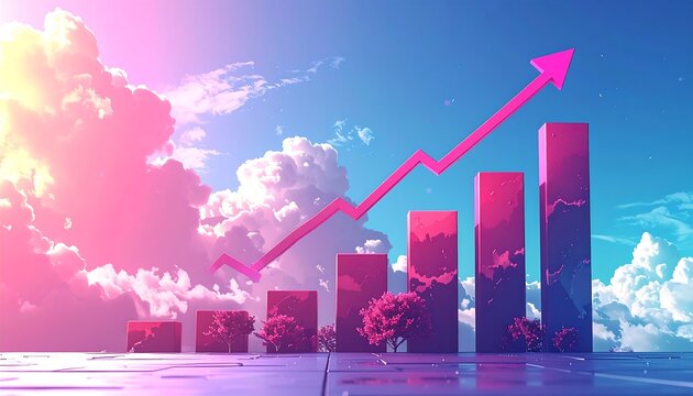 Rising pink graph against a blue sky with fluffy pink clouds and abstract flora on a glossy tiled surface