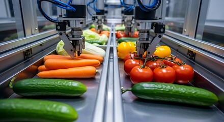 Automation in the food industry showing robotic arms with grippers sorting fresh organic vegetables on a conveyor belt system