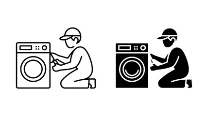 A repairman fixing a washing machine, shown in both line art and solid black versions