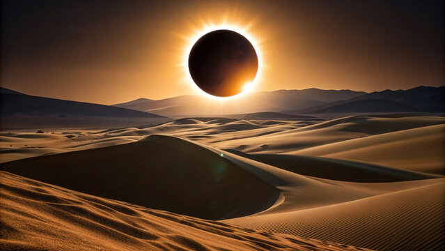Solar Eclipse Over Desert Sand Dunes at Sunset moon Background