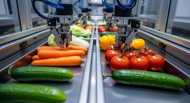 Automation in the food industry showing robotic arms with grippers sorting fresh organic vegetables on a conveyor belt system