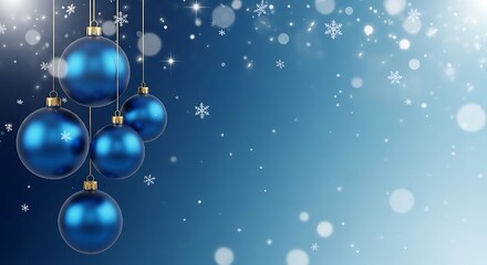 Holiday Winter Christmas Poster, light blue Christmas ornaments hanging from gold strings graceful arrangement of shimmering blue Christmas baubles hanging