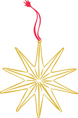 Minimalist Christmas star ornament line art illustration &mdash; elegant winter holiday decoration with hanging ribbon, simple Scandinavian festive graphic, modern outline vector for seasonal design project