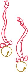 Minimalist hanging jingle bells line art illustration &mdash; elegant Christmas decoration with ribbon bows, simple Scandinavian winter graphic, modern outline vector for seasonal design projects.