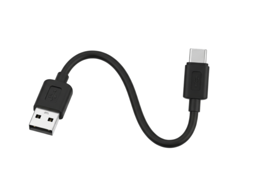 Modern black USB type C connector charging cable isolated on white