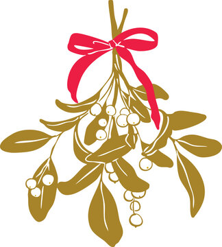 Minimalist mistletoe with bow line art illustration &mdash; elegant Christmas botanical decoration, simple Scandinavian holiday graphic, modern winter outline vector for seasonal design projects.