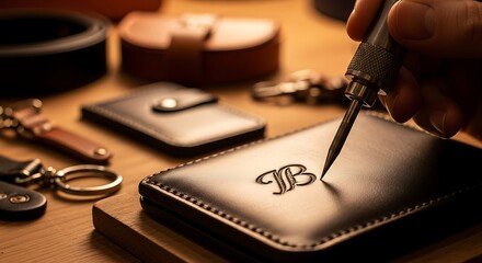 A realistic and detailed view of an artisan's hand meticulously carving initials onto a black leather wallet, surrounded by other handcrafted goods