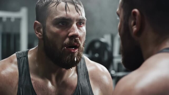 Sweaty caucasian man intensely working out in a gym. Athlete looking focused during a strenuous exercise session. Concept for fitness and training.