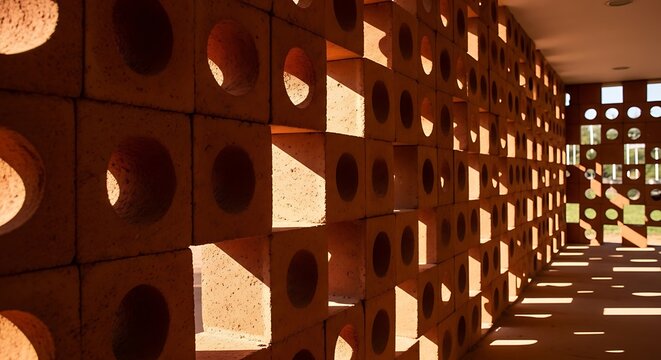 Sunlight streams through a modern terracotta breeze block wall, creating a geometric pattern of circular light and deep shadows on a sunny day