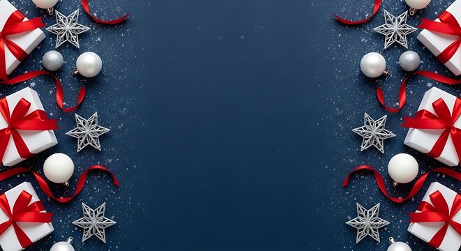 Christmas Gifts and Ribbons Border on Dark Blue presents