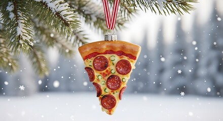 A pepperoni pizza slice christmas ornament hanging on a snowy pine branch