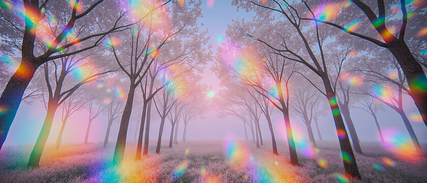 Golden sun rays pierce a dense forest, illuminating misty trees in a surreal, dreamlike landscape where light and nature merge magically.