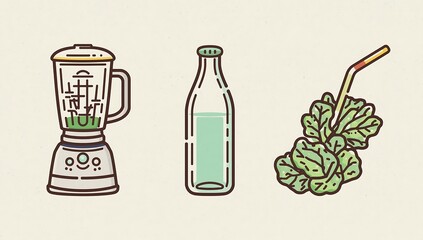 Healthy green smoothie ingredients blender water bottle and fresh leafy greens with straw