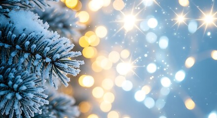 Frosted Pine Branch with Golden and Blue Bokeh Lights Keywords: Christmas, winter, snow, frost