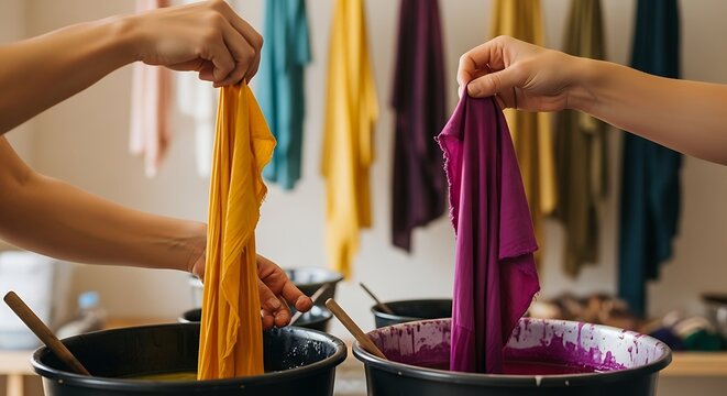 Hands dipping yellow and purple fabric into buckets of dye, creating vibrant colors for textile art - Powered by Adobe