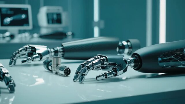 Modern bionic prosthetic arm parts with hand and forearm displayed in a futuristic laboratory or workshop for robotic technology.