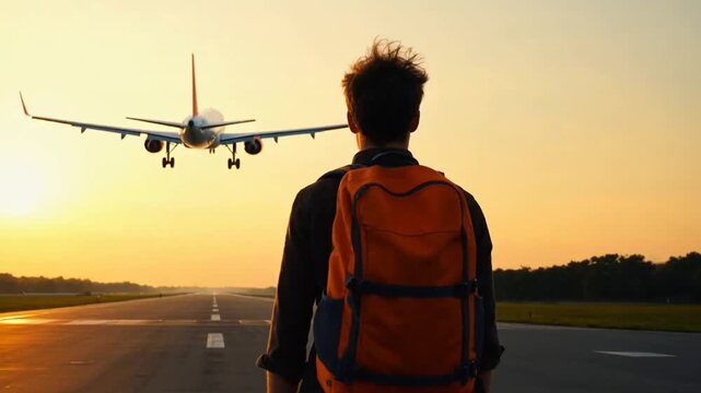 Traveler standing under evening sky, watching airplane climb through golden dusk light ahead