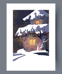 Idyllic snowy homestead with glowing lights and peaceful surroundings