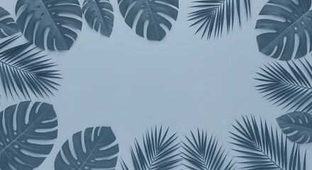 Tropical Leaf Border Frame on Blue Background leaves
