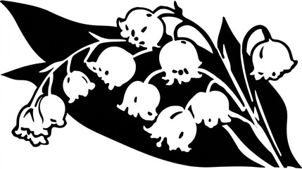 Fototapeta premium Black and white silhouette of lily of the valley flowers with leaves.