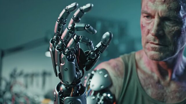 Man with a bionic arm testing movement of his advanced prosthetic hand and feeling happy with biotechnology progress.
