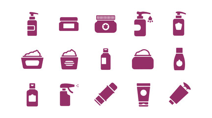 Vector icons representing beauty, cosmetics, and personal care. Includes a bottle, jar, shower gel, face cream, body lotion, spray, ointment, and paste.