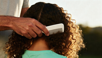 A father's hand gently combing his child's curly hair. A close-up of a dad grooming his daughter's natural hair during golden hour. Parenting and family care concept