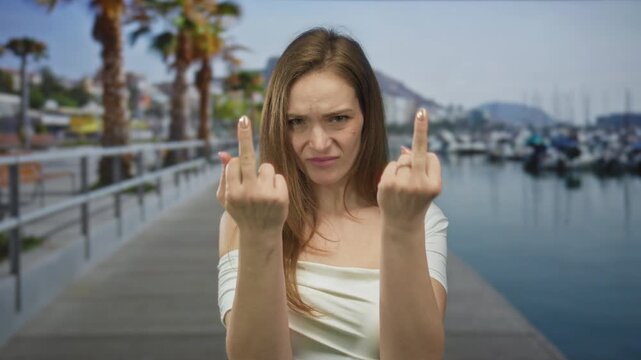 Woman holds up two middle fingers at a port dock under bright daylight, scowling intensely at the lens; defiance.