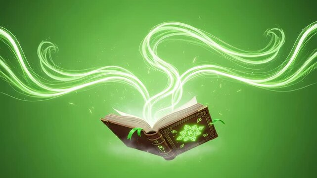 Magic book with glowing green lines emitting from the pages on a green screen. Enchanted spell effect for video production.