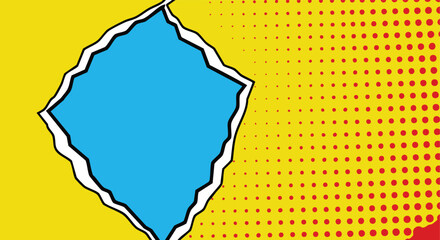 A dynamic retro comic inspired background with a vibrant yellow halftone pattern revealing a bright blue ripped paper texture