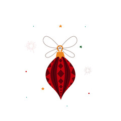 Christmas tree ornament. A red and burgundy patterned Christmas tree ornament on a white background. A decorative, bright, hanging, festive element for holiday decorations, cards, and flat design.
