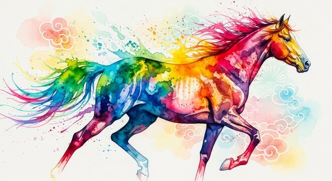 Watercolor Horse for New Year Celebration - A vibrant watercolor horse symbolizing freedom, creativity, prosperity, energy, artistry, and auspiciousness