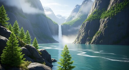 Majestic waterfall cascades into serene mountain lake