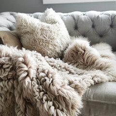 Luxurious fluffy sheepskin throw and plush cushion create cozy inviting comfort on a sophisticated tufted sofa